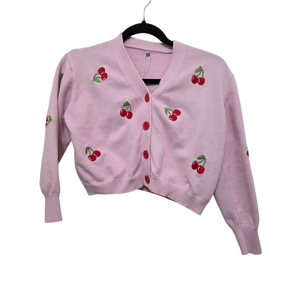 Cherry Embroidered Pink Cropped Cardigan Sweater Red Buttons Size S